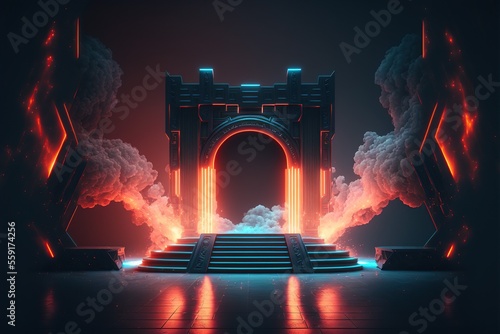 Fényképezés Sci-fi Neon stage with smoke background.
