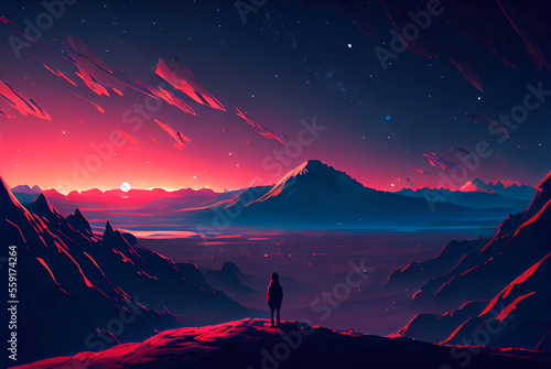 A person silhouette stands high in the mountains by AI. Bright red colors.