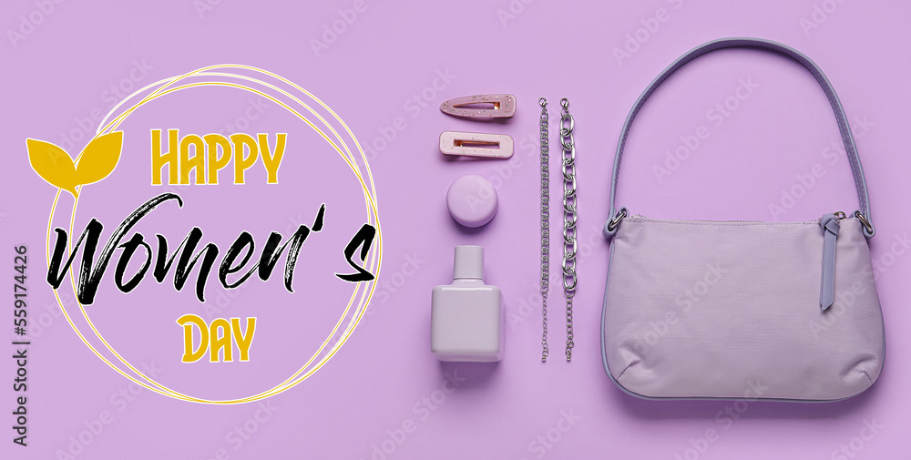 Stylish female handbag, perfume and accessories on lilac background. Happy Women's Day celebration