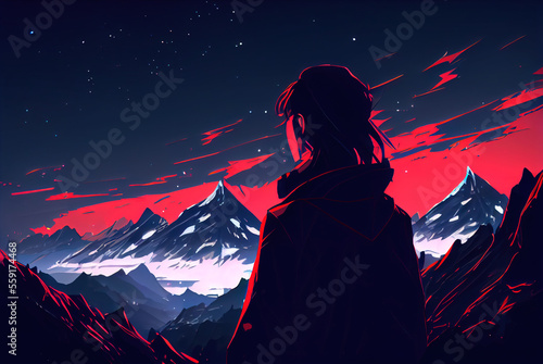 A person silhouette stands high in the mountains by AI. Bright red colors.