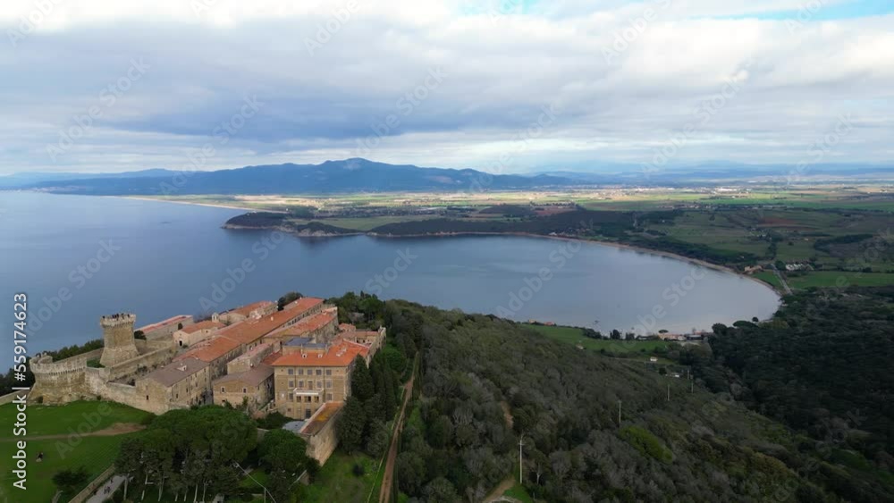 Aerial view of the Etruscan city of Populonia and the gulf of Baratti Tuscany Italy Aerial view of the Etruscan city of Populonia and the gulf of Baratti Tuscany Italy