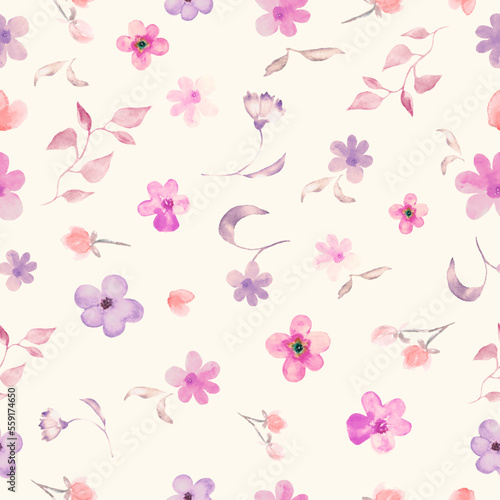 Watercolor gentle seamless pattern with abstract purple, pink flowers. Hand drawn floral illustration isolated on beige background. For packaging, wrapping design or print. Vector EPS.
