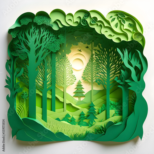 Light Green Forest Diorama Papercut. Generative AI. photo