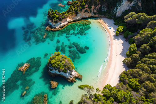 Greece's Corfu. aerial picture of the beach in Porto Timoni. Generative AI