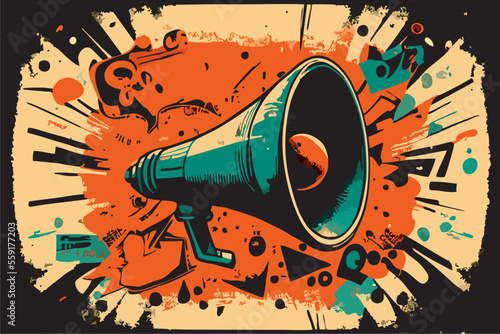Vector collage grunge banner. Loudspeaker announcing crazy promotions. Doodle elements on retro poster. Stylish modern advertising poster design