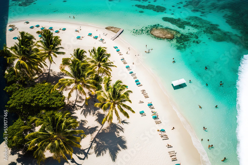 Stunning, serene water and sky. tourists for recreation throughout the summer. Aerial image of a beach on a paradise island with chairs and umbrellas. resort getaway, exotic scenery. lovely tropics