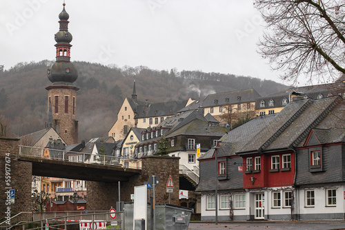 Wallpaper Mural View of the town hall and the bridge over the Moselle River from the embankment in the city of Cochem, Rhineland-Palatinate, Germany Torontodigital.ca