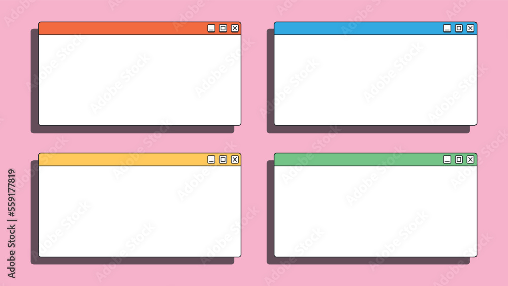 Set of empty computer windows. PC user interface from the 90s. Retro style. Old design. Vector illustration
