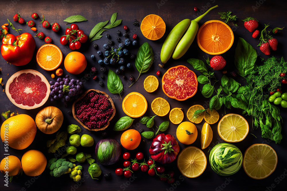 An expansive, organic food backdrop design with a full frame pile of mixed fresh fruits and veggies creates a vibrant, colorful picture. Generative AI An expansive, organic food backdrop design with a full frame pile of mixed fresh fruits and veggies creates a vibrant, colorful picture. Generative AI