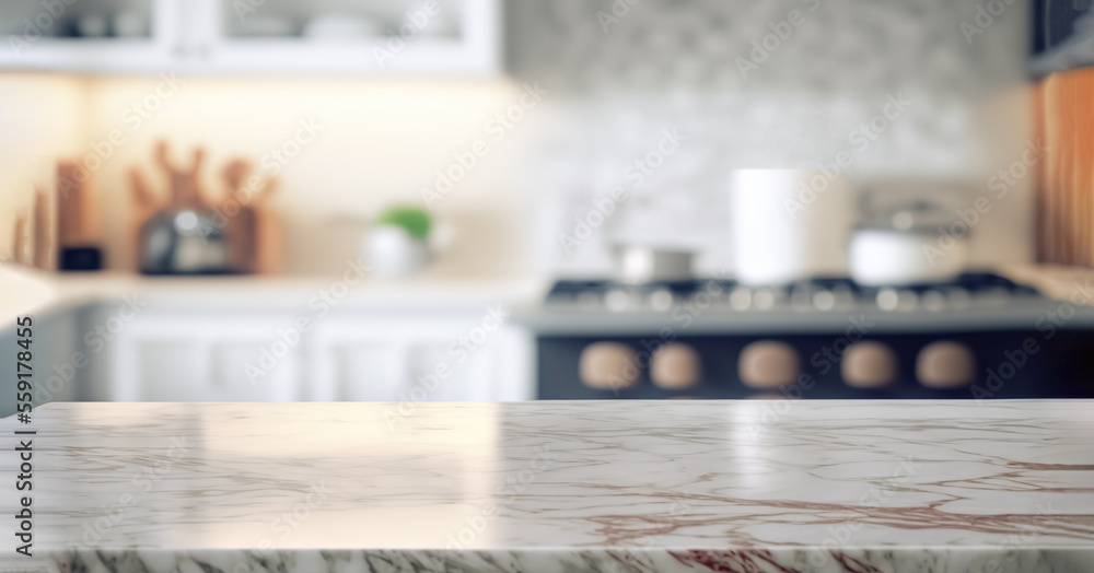 Marble stone table top on blur kitchen interior background. Kitchen island. For display or montage you products
Marble stone table top on blur kitchen interior background. Kitchen island. For display or montage you products