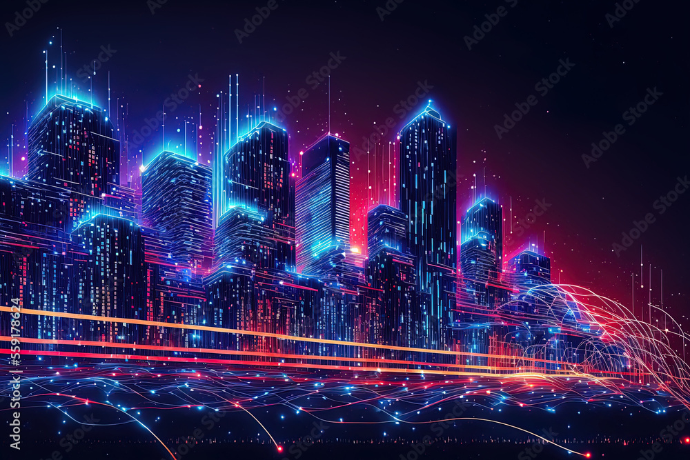 Smart city huge data connection technology idea, nighttime metropolis with abstract gradient blue and red lighting light trail surrounding the city. Generative AI