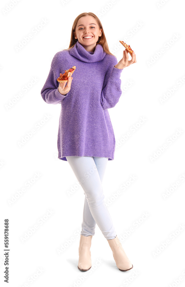 Fototapeta premium Beautiful young woman eating fresh pizza on white background