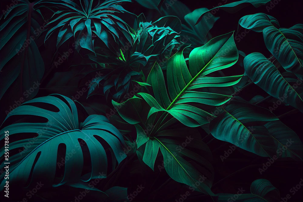 Abstract natural background. Exotic leaves pattern. Creative background with bright colorful monstera leaves. Jungle fauna. Created with Generative AI