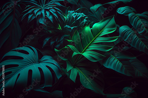 Abstract natural background. Exotic leaves pattern. Creative background with bright colorful monstera leaves. Jungle fauna. Created with Generative AI