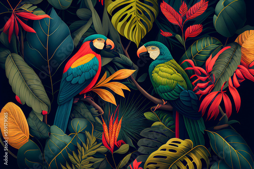 Abstract natural background with jungle flora and fauna. Creative background with exotic bright colorful leaves and birds. Created with Generative AI © Lazy_Bear