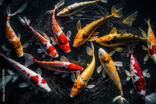 a view from above of a school of bright koi fish in the water. Generative AI