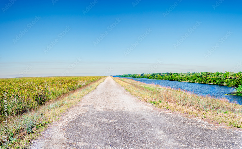 dirt road in grassy field with blue sky