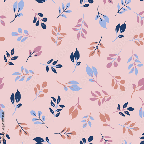 Random placed  autumn leaves seamless repeat pattern. Vector botanical elements all over surface print on pink background.