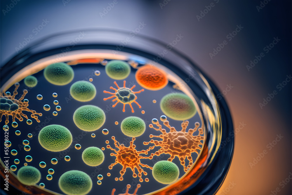 Macro close up shot of bacteria and virus cells in a scientific ...
