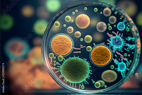 Macro close up shot of bacteria and virus cells in a scientific laboratory petri dish standing vertical, science background, illustration digital generative ai design art style