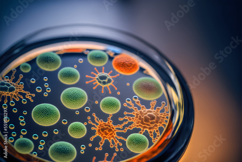 Macro close up shot of bacteria and virus cells in a scientific laboratory petri dish standing vertical, science background, illustration digital generative ai design art style