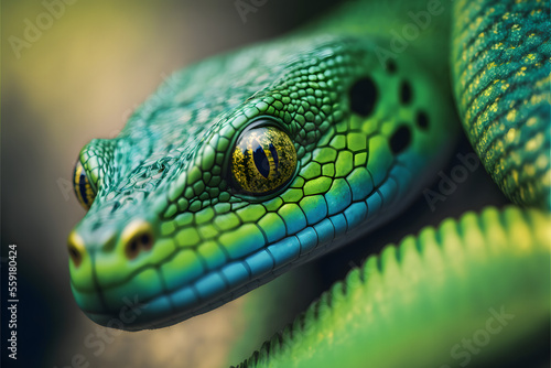 Portrait close up green colored snake, illustration digital generative ai design art style