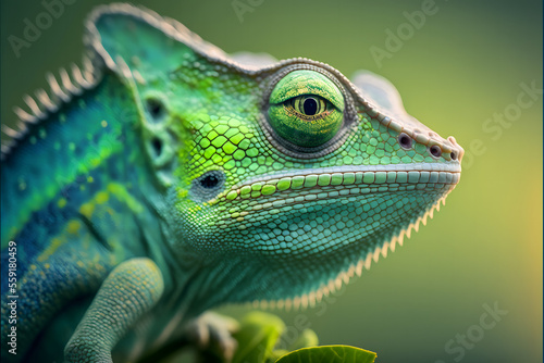 Portrait close up green colored chameleon, illustration digital generative ai design art style © Luc.Pro