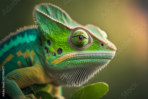 Portrait close up green colored chameleon, illustration digital generative ai design art style