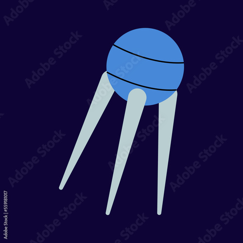 Cute sputnik in outer space. Fantastic galaxy, cosmic rocketship, spacecraft in cosmos. Childish universe, space exploration. Cartoon vector.
