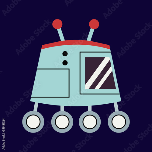 Cute robot sputnik in outer space. Fantastic galaxy, cosmic rocketship, spacecraft in cosmos. Childish universe, space exploration. Cartoon vector.