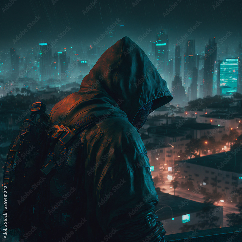 stalker cyberpunk in the night city photorealism detal - obrazy, fototapety, plakaty 
