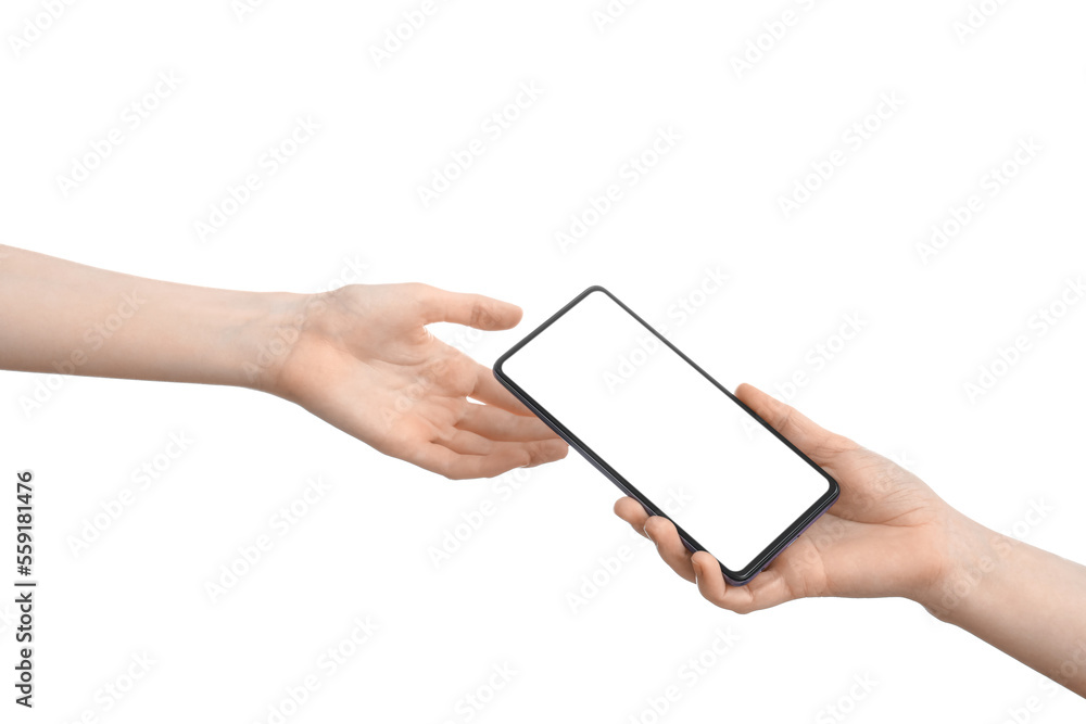 Female hands with mobile phone isolated on white background Female hands with mobile phone isolated on white background