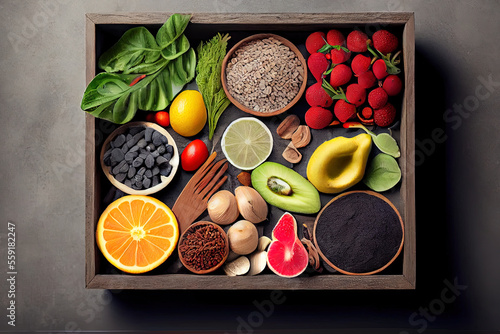 Healthy food clean eating vegetalbe food selection in wooden box