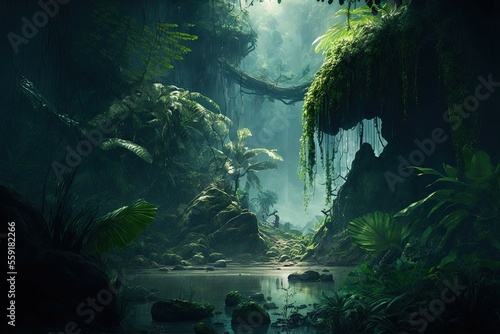 Magical jungle landscape at night, tropical fantasy jungle forest scenery, generative ai photo