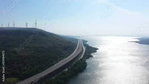 Aerial view of the Construction site of new motorway route from Bang Pa In - Nakorn Ratchasima, Road traffic an important infrastructure in Thailand., 4K Footage. photo