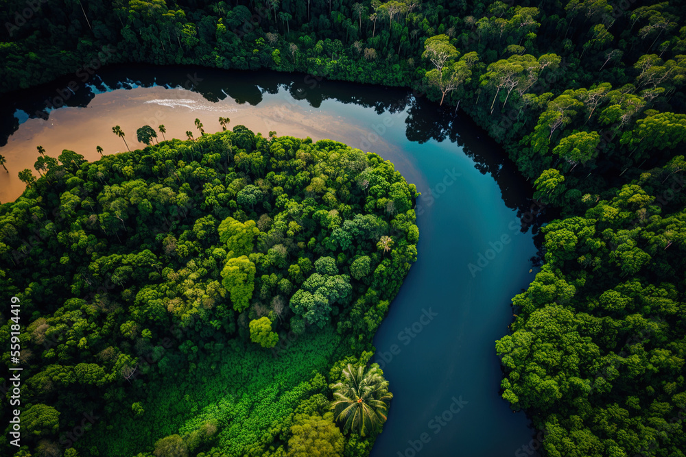Aerial view of Peru's rainforest and the Amazon rain forest. Generative AI