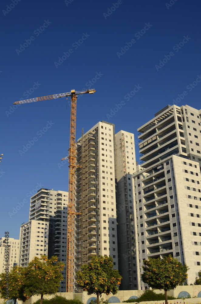 Construction of a residential building. Construction crane, tree with orange fruits. Garden next to an apartment building. Concept: buying a home, investment, mortgage, loan, price increase, real esta Construction of a residential building. Construction crane, tree with orange fruits. Garden next to an apartment building. Concept: buying a home, investment, mortgage, loan, price increase, real esta