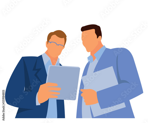 Interactive collaborations with the help of wireless technology. Shot of two businessmen using a digital tablet together at work