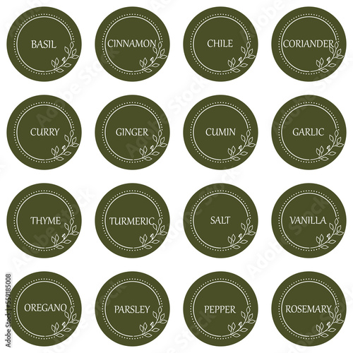 Cardboard food labels or stickers. It can be used for marking kitchen food containers with spices. Labels, stickers, craft decals, floral frame and spice name in English