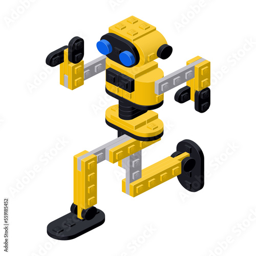 Toy yellow robot dancing, assembled from plastic cubes. Vector clipart
