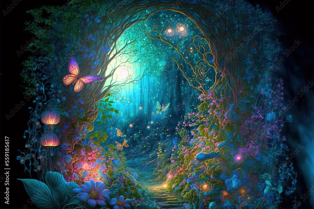 Fantasy fairy tale background. Fantasy enchanted forest with magical  luminous plants, built ancient mighty trees covered with moss, with  beautiful houses, butterflies and fireflies fly in the air. Stock  Illustration