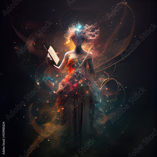  Enigmatic figure with a book, engulfed in a swirl of mystical lights and ethereal strands, evokes the essence of meditation and the universe's wisdom. generative ai 
