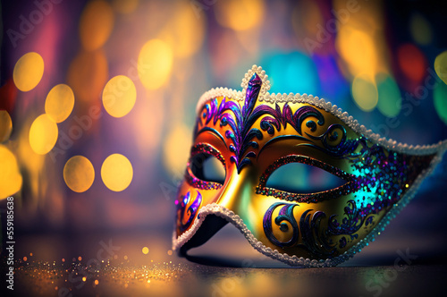 Carnival party. Venetian mask on dark bokeh background. Festival decoration. AI generative © Rawf8