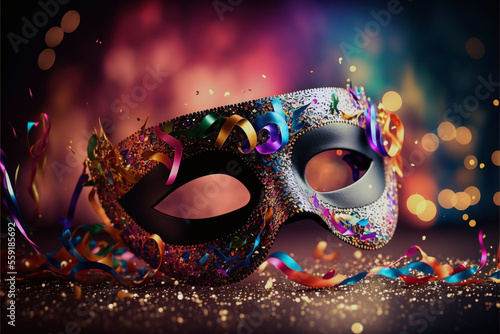 Carnival party. Venetian mask on dark bokeh background. Festival decoration. AI generative
