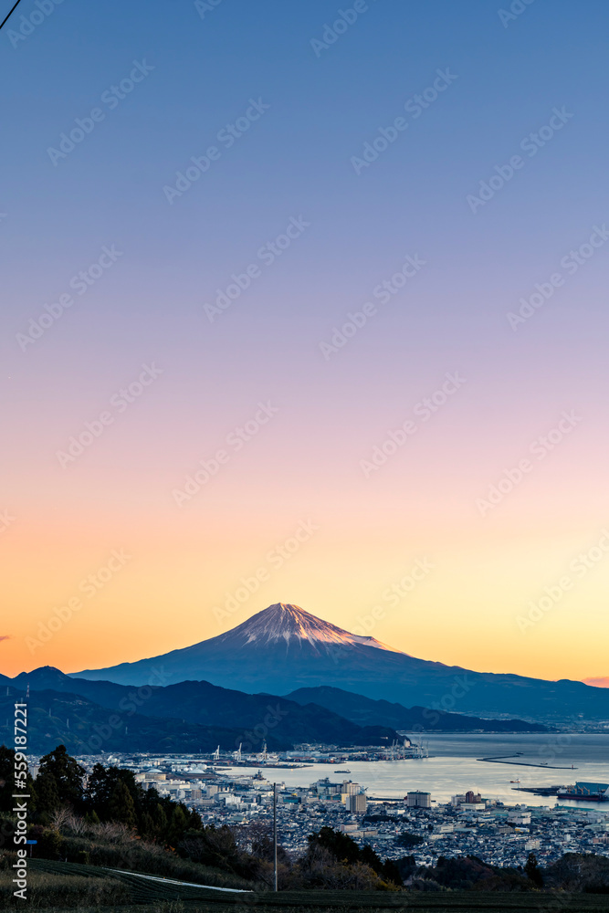 夜明けの日本平から静岡市と清水港越しの駿河湾と富士山