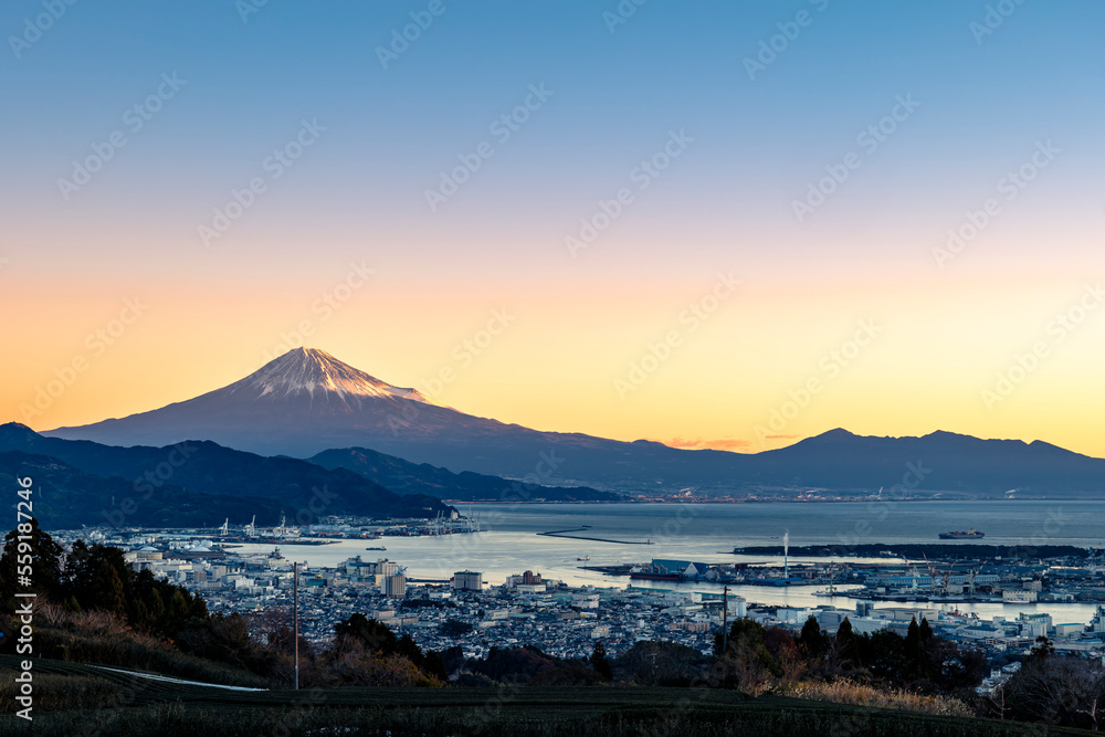 夜明けの日本平から静岡市と清水港越しの駿河湾と富士山