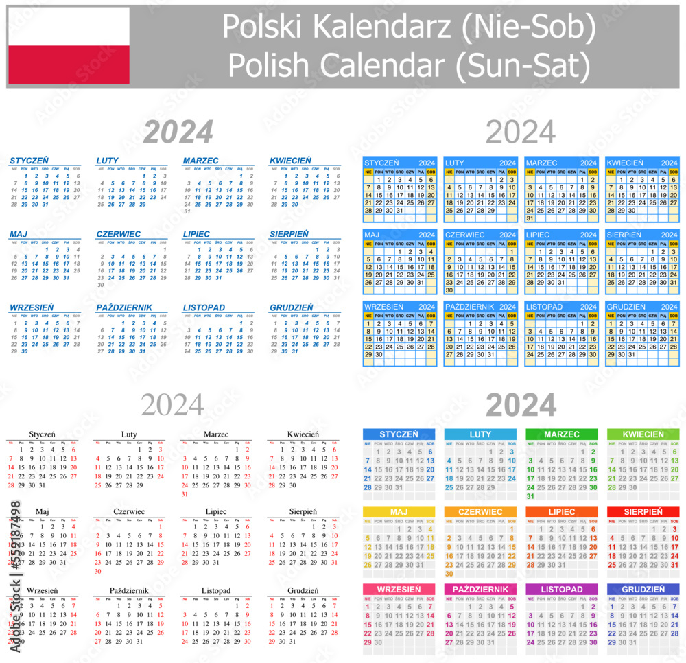 2024 Polish Mix Calendar Sun-Sat on white background 2024 Polish Mix Calendar Sun-Sat on white background