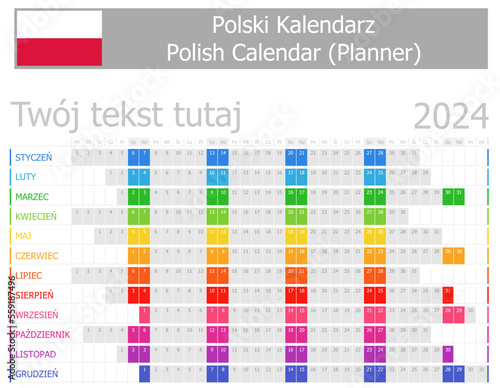 2024 Polish Planner Calendar with Horizontal Months on white background