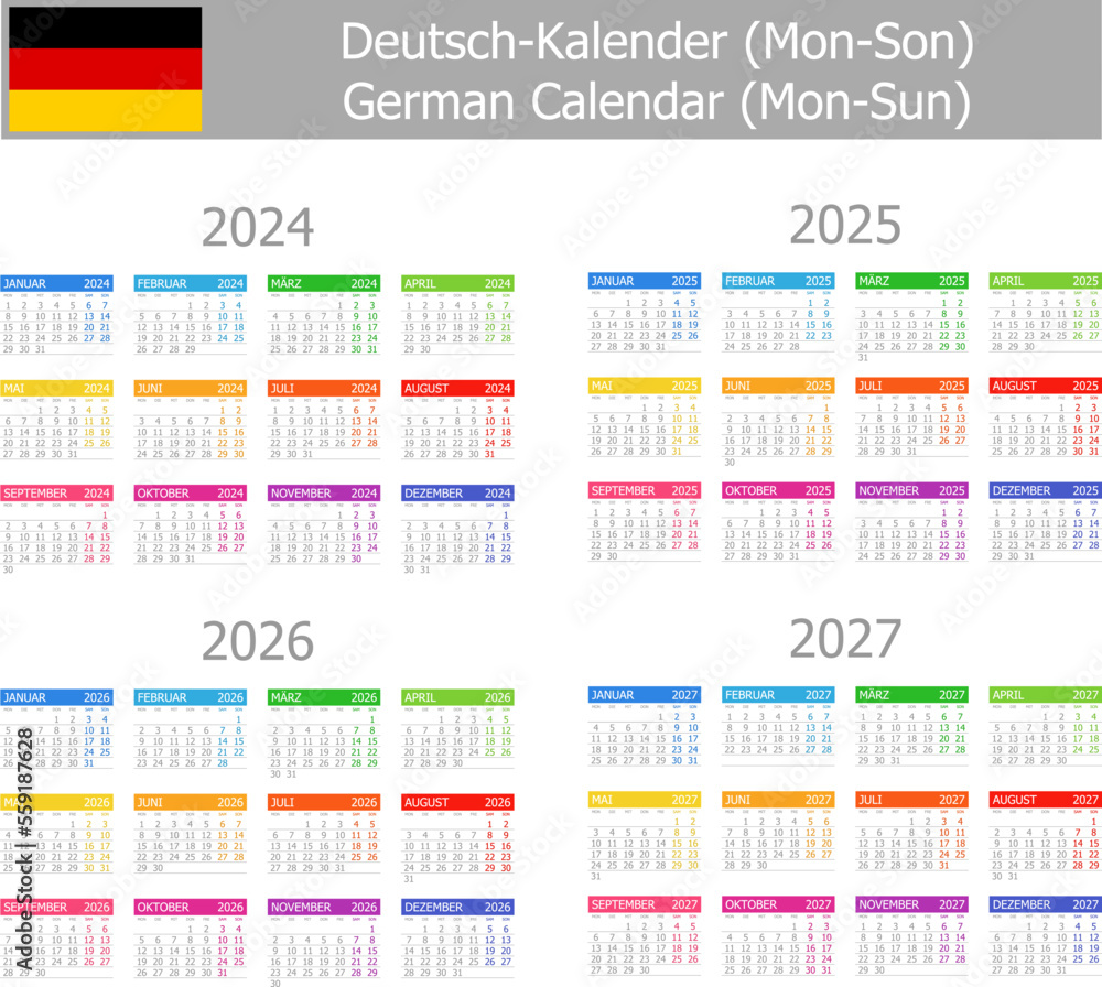 2024-2027 German Type-1 Calendar Mon-Sun on white background