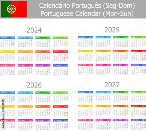 2024-2027 Portuguese Type-1 Calendar Mon-Sun on white background